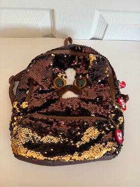Ty Fashion Flippables backpack. Reversible brown & gold sequins. Brutus